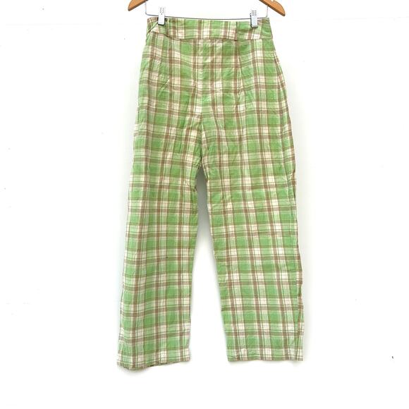 Ali Golden Pleated Pants Lime Green Plaid Cropped Wide Leg Medium High Waisted - Picture 3 of 6